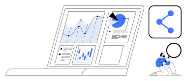Dizüstü bilgisayarda grafikler, pasta grafiği ve veri gereçleri gösterilir. Adam bilgiyi büyüteçle inceliyor. Analiz, teknoloji, takım çalışması, araştırma, sunum bilgi paylaşımı için ideal basit