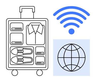 Open suitcase with neatly packed items, wireless signal icon, and globe emphasizes smart travel, tech integration. Ideal for travel, tech, business trip, logistics, global connection tourism simple