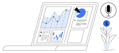 Bilgisayarı ekranda birden fazla veri tablosu, çizgi grafikleri ve pasta grafikleriyle aç. İçinde mikrofon ikonu, bozuk para sembolü ve saksı bitkisi var. Analiz, finans ve teknoloji girişimi verileri için ideal