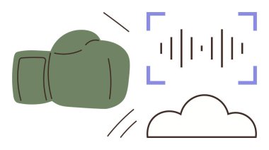 Yeşil boks eldiveni, dijital ses dalgalarıyla çevrili bir buluta doğru yumruk atıyor. Çatışma çözümleme, bulut hesaplama, ses etkisi, yenilik, yaratıcılık, güç için ideal