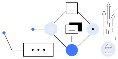 Geometrik şekiller, çizgiler ve düğümler veri süreçlerini, bağlantıları ve yapısal büyümeyi göstermektedir. İş akışı, otomasyon, veri analizi, organizasyonel harita planlama ağı için ideal