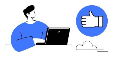 Dizüstü bilgisayarda büyük bir onay ve pozitifliği vurgulayan bir ikonla çalışan kişi. İş yeri motivasyonu, uzaktan çalışma, üretkenlik, onay, takım çalışması, sosyal etkileşim, basit