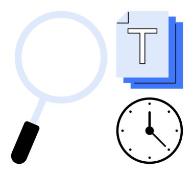 Büyüteç, T 'li kağıt yığını ve saat renklendirme analizi, belge araması, zaman izleme. İş, verimlilik, organizasyon, odaklanma araştırma araçları için ideal basit iniş