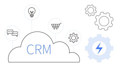 İletişim, fikirler, alışveriş ve iş akışı entegrasyonu için ikonlar içeren CRM bulutu. Takım yönetimi, müşteri hizmetleri, verimlilik, e-ticaret, yenilik otomasyonu için ideal basit iniş sayfası