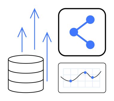 Veritabanı simgesi, yukarı doğru oklar, simge paylaşımı ve çizilmiş noktalarla çizgi grafiği. Veri analizleri, büyüme sezgileri, veritabanı yönetimi, istatistikler, teknoloji geliştirme iş stratejisi için idealdir.
