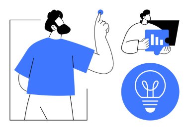 Hareketi sembolize eden el kaldırma, dizüstü bilgisayardaki grafiği analiz eden başka bir kişi, fikir üretimi için ampul. Takım çalışması, beyin fırtınası, yenilik, strateji, veri içgörüsü, girişimcilik için ideal