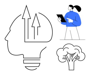 Büyümeyi ve fikirleri simgeleyen yukarı doğru oklarla insan kafası silueti sürdürülebilirliği temsil eden ağaç ve tablet kullanan insan. Yenilik, yaratıcılık, teknoloji, eğitim ve büyüme için ideal