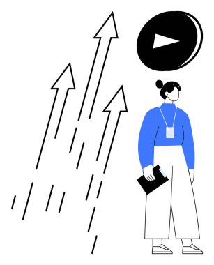 Yukarı doğru hareket eden oklar ve düğme motifi yanında pano tutan bir kadın. Büyüme, strateji, yenilik, kariyer, liderlik, başarı ve gelişme için ideal. Basit düz metafor