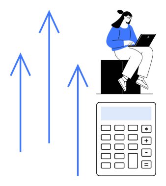 Dizüstü bilgisayarda çalışan bir kadın, yükselen büyümeyi gösteren mavi oklar, finansal analizi gösteren hesap makinesi. İş için ideal, finansal planlama, büyüme, ilerleme, analitik hesaplama hedefleri. Basit.