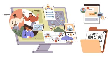 Ekip verileri monitörde tartışıyor çizelgeleri, profilleri ve dosya paylaşımını gösteriyor. Takım çalışması, dijital çözümler, iş akışı, veri güvenliği, dosya yönetimi, üretkenlik yaratıcı problem çözme için ideal