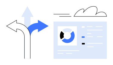 Oklar veri panelinin yanında farklı yönlere doğru dallanıyor. Veri analizi, strateji, bulut hesaplama, seçimler, analitik, planlama, karar verme için ideal. Basit düz metafor