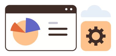 Pasta grafiği ve analizi olan gösterge paneli, ayarlar için bulutun içindeki teçhizat. İş verileri, bulut hesaplama, dijital araçlar, bilişim teknolojisi, iş akışı optimizasyonu, yazılım yönetimi, basit düz