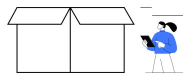 Elinde tablet tutan ve işaret eden kadın envanter ya da ambalaj yönetimini simgeleyen büyük bir kutunun yanında duruyor. Lojistik, planlama, e-ticaret, depolama, dağıtım, pazarlama, basit iniş için ideal