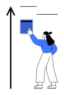 Kadın hesap makinesiyle etkileşime giriyor, yukarı doğru ok büyümeyi, başarıyı, finansal planlamayı ya da analitiği simgeliyor. Finans, iş stratejisi, hedef belirleme, eğitim başarı analizi için ideal