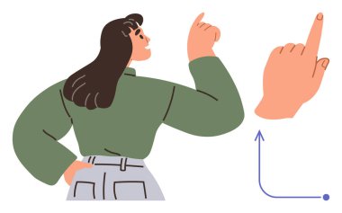 Yeşil kazaklı genç bir kadın, bir el hareketi ve yükselen bir grafikle güvenle yukarıya bakıyor. Hırs, ilerleme, başarı, kişisel büyüme, yön, liderlik, motivasyon için ideal