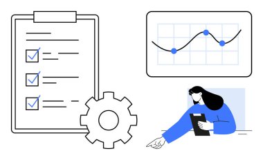 İşaretli ögeleri olan kontrol listesi, veri noktaları olan satır grafiği, süreç için teçhizat ve verimliliği öneren tablet kullanan kişi. Üretkenlik, analitik, iş stratejisi, yazılım ve süreç için ideal