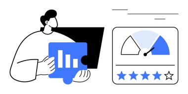 Bar tablosu, hız göstergesi, yıldız reytingleri, değerlendirme, ilerleme takibi ve müşteri memnuniyetini gösteren bir yapboz parçası tutan kişi. Analiz, performans ve strateji için ideal