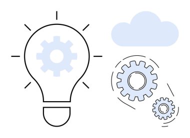Çarklı ampul, hareket halindeki dişliler ve bir bulut çizgisi. Yenilik, takım çalışması, teknoloji, yaratıcılık, bulut hesaplama çözümleri ve sinerji için idealdir. Basit düz metafor