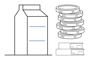 Beslenmeyi, ekonomiyi ve eğitimi vurgulayan madeni paraların ve kitapların yanında süt kutusu. Finans, sürdürülebilirlik, eğitim, bütçe, araştırma öğrenme, sağlık tartışmaları için idealdir. Basit düz