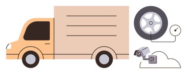 Lastik basınç göstergesine, güvenlik kamerasına ve bulut depolama sistemine bağlı teslimat kamyonu. Lojistik, dağıtım hizmetleri, filo yönetimi, araç güvenliği, teknoloji, ulaşım için ideal