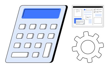 Düğmeli hesap makinesi, web arayüzü modeli, finans, işlemler ve dijital araçları gösteren dişli simgesi. Teknoloji, bütçe, planlama, optimizasyon yazılım yeniliği için ideal basit