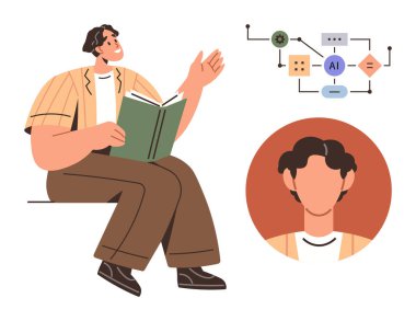 Yapay zeka işlem şeması, sistem düğümleri ve yüz tanıma programı olan kişi. Eğitim, yapay zeka öğrenimi, teknoloji, yenilik, analiz, bilgi sistemleri için idealdir