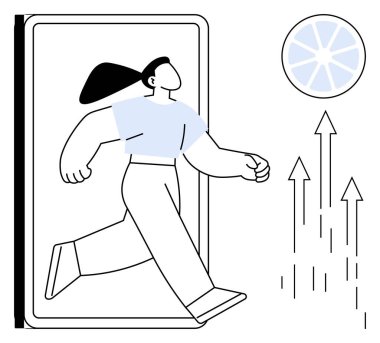 Akıllı telefondan çıkan kendine güvenen bir kadın. Büyüyen oklarla enerji yayıyor. Radyasyon çemberi oluşturuyor. Yenilik, girişimcilik, kişisel büyüme, teknoloji, fırsat, kendini geliştirme için ideal