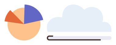 Bir dijital bulutun yanında turuncu, kırmızı ve mavi segmentli turta grafiği. Veri analizi, depolama çözümleri, bulut hesaplaması, teknoloji, iş planlaması, bağlantı sade düz