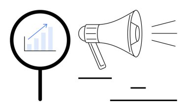 Büyüteç, iletişimi güçlendiren bir megafonla eşleşen, yukarı doğru büyüme grafiğini ortaya çıkarıyor. Ticari büyüme, pazarlama stratejisi, veri analizi, promosyon, takım çalışması, liderlik için ideal