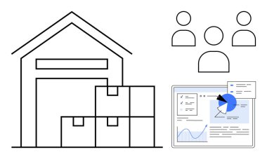 Yığınlanmış kutular, takım simgeleri ve analitik gösterge paneli olan bir depo. Lojistik, envanter, tedarik zinciri, takım çalışması, iş planlaması, veriye dayalı strateji sade iniş sayfası için ideal