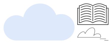 Açık bir kitap ve daha küçük bir bulut çizgisi olan minimalist bulut. Eğitim için ideal, çevrimiçi öğrenme, dijital kütüphaneler, bulut depolama, yaratıcılık, bilgi paylaşımı, akademik içerik. Basit düz