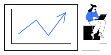 Dizüstü bilgisayarda çalışan bir kadın yukarı doğru ok ile bir çizgi grafiğini inceliyor, bu da büyüme ya da ilerlemeyi gösteriyor. Analiz, iş, strateji, planlama, eğitim ve finansal başarı için ideal. Basit düz metafor