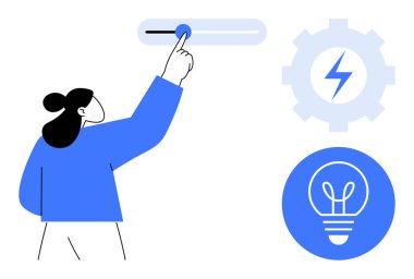 Kadın sürgülü kontrol kolu, yıldırımlı mavi dişli, yeniliği temsil eden ampul, verimliliği temsil eden. Teknoloji, enerji, sürdürülebilirlik, yenilik, yaratıcılık kullanıcı kontrolü için ideal basit