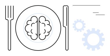 Çatal ve bıçağın yanına yerleştirilmiş beyin, yanında da minimum çizgiler ve vites sembolleri var. Ruh sağlığı, beslenme, eğitim, yaratıcılık, yenilik, farkındalık, üretkenlik kavramları için ideal