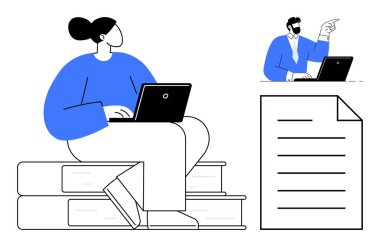 Dizüstü bilgisayarın üstünde çalışan biri, bilgisayarla video görüşmesi yapan uzaktan bir iş arkadaşı, görev odaklı belge. Takım çalışması, uzaktan çalışma, öğrenim, rehberlik, iletişim ve eğitim için ideal