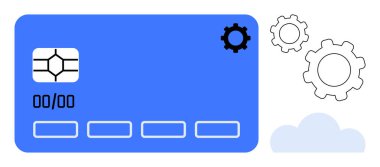 Üzerinde çip ve son kullanma tarihi simgesi olan mavi kredi kartı ayarları veya entegrasyonu sembolize eden vitesler ve bulut elemanı. Fintech, ödeme çözümleri, dijital güvenlik, yenilik, veri yönetimi için ideal