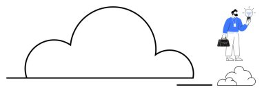 İş adamı büyük bir bulut anahatının yanında bir ampul tutuyor, fikirleri, yenilikleri ve bulut hesaplamalarını temsil ediyor. Yaratıcılık, veri depolama, teknoloji, takım çalışması, beyin fırtınası için ideal