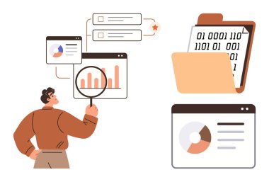 Haritaları, grafikleri ve ikili verileri büyüteçle analiz eden adam. Araştırma, analitik, iş stratejisi, istatistik, teknoloji proje yönetimi veri değerlendirmesi için ideal. Temiz daire