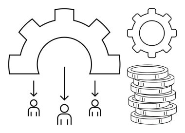 Dişliler üç kişiye ok ile bağlı, süreci ve heyeti sembolize ediyorlar. Birikmiş paralar kaynak ya da fon anlamına gelir. Takım çalışması, ekonomi, iş, yönetim, üretkenlik, strateji için ideal