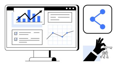 Çizelgeleri, çubuk grafiklerini ve kontrol listelerini görüntüle. Simge paylaşımı bağlantıyı tasvir eder. El ele tutuşmak mülkiyeti, güvenliği ya da erişimi sembolize eder. Veri yönetimi ve analitik ekip çalışması için ideal
