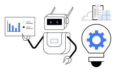 Veri tablosu tutan robot, dişli ikonlu fikir ampulü, bulutlardaki kontrol listesi. Yenilik için ideal, yapay zeka, otomasyon, teknoloji, veri analizi verimlilik makinesi öğrenimi. Basit düz metafor