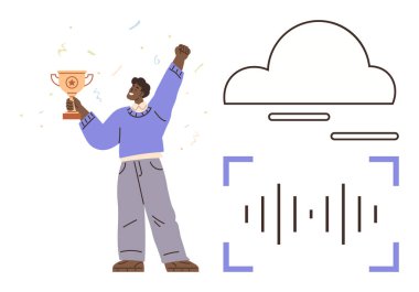 Zafer ve başarı tasvir eden bir kupayı elinde tutan neşeli kişi. Bulut ve ses dalgaları dijital depolama, bağlantı ve ses verilerini temsil eder. Teknoloji, motivasyon ve takım çalışması için ideal