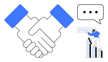 İşbirliği için tokalaşmak, büyümek için oklarda arama yapmak, iletişim için konuşma balonu oluşturmak. İş için ideal, takım çalışması, iletişim, arama, strateji büyüme ortaklıkları. Basit düz