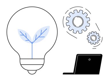 Büyüyen bir bitkiye sahip ampul, vites küçültme işlemleri ve teknolojik entegrasyon için bir laptop. Çevreye duyarlı yenilik, strateji, büyüme, iş, yeşil teknolojiyi işlemek için ideal. Basit düz