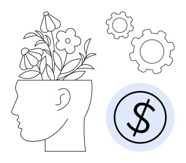 Bir insanın kafasında çiçek açmak, yeniliği simgeleyen iki vites, ve finansal başarı için bir dolar işareti. Refah, yaratıcılık, büyüme, iş, üretkenlik, eğitim için idealdir.