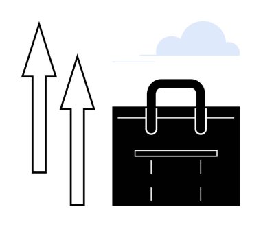 Yükselen oklar ve bulutlarla dolu evrak çantası kariyer büyümesini, başarıyı, terfiyi, girişimciliği simgeliyor. İş, finans, eğitim, motivasyon için ideal başlangıç başarısı basit düz metafor