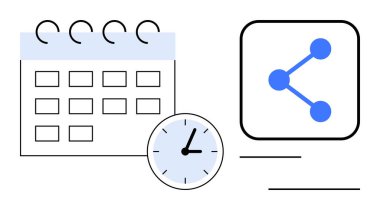 Takvim ızgarası, saat ve ağ paylaşım simgesi zaman yönetimi, zamanlama, bağlantı ve iletişimi vurgular. Planlama, takım işbirliği, ağ verimliliği iş akışı için ideal