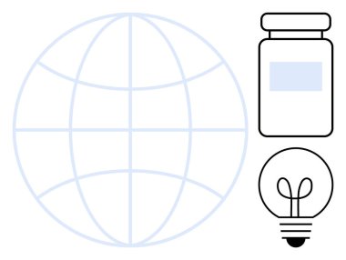 Dünyayı sembolize eden küre, sağlık odağı için ilaç kavanozu, fikirleri temsil eden ampul. Sağlık, yenilik, bilim, küresel çözümler, araştırma ve teknoloji eğitimi için idealdir.