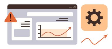 Artan verimlilik grafiği, uyarı uyarısı, ayar dişlisi simgesi ve analitik gösterge paneli ile web arayüzü. Veri analizi, büyüme, optimizasyon, hata raporlama, yönetim işi için ideal