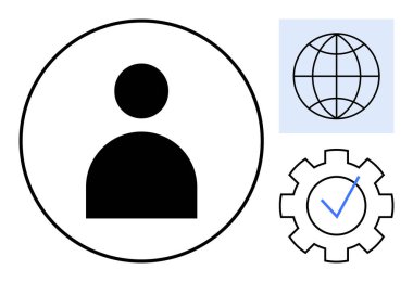 Çemberdeki insan profili, küresel bağlantıyı gösteren dünya sembolü, kalite güvencesini gösteren işaretli teçhizat. Kullanıcı kimlik denetimi, profil yönetimi, küresel erişim için ideal